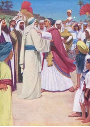 Jacob och Joseph möts, från The Bible Picture Book utgiven av Thomas Nelson, ca 1950